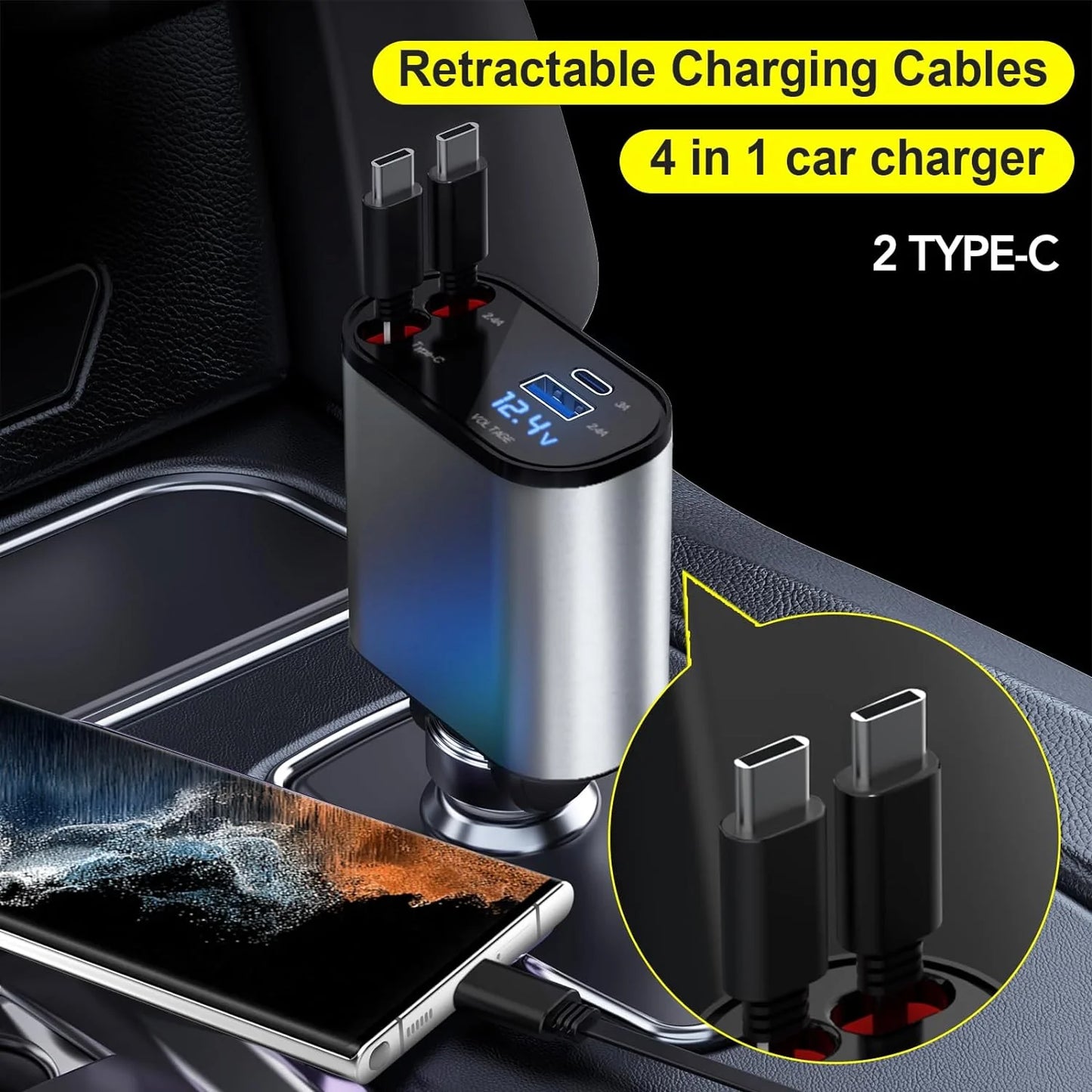 Retractable Car Charger, 4 in 1 Fast Car Phone Charger 66W, Retractable Cables and USB Car Charger,Compatible with Iphone 15/14/13/12/11,Galaxy,Pixel