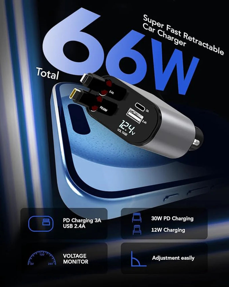 Retractable Car Charger, 4 in 1 Fast Car Phone Charger 66W, Retractable Cables and USB Car Charger,Compatible with Iphone 15/14/13/12/11,Galaxy,Pixel