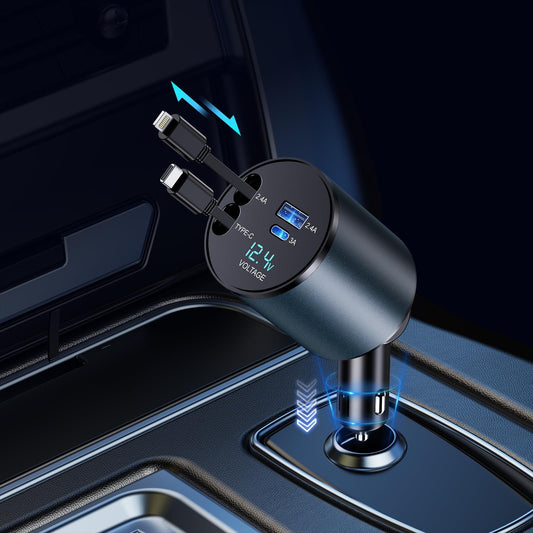 Retractable Car Charger, 4 in 1 Fast Car Phone Charger 66W, Retractable Cables and USB Car Charger,Compatible with Iphone 15/14/13/12/11,Galaxy,Pixel