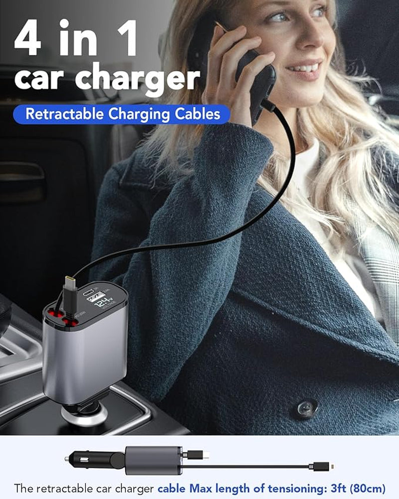 Retractable Car Charger, 4 in 1 Fast Car Phone Charger 66W, Retractable Cables and USB Car Charger,Compatible with Iphone 15/14/13/12/11,Galaxy,Pixel