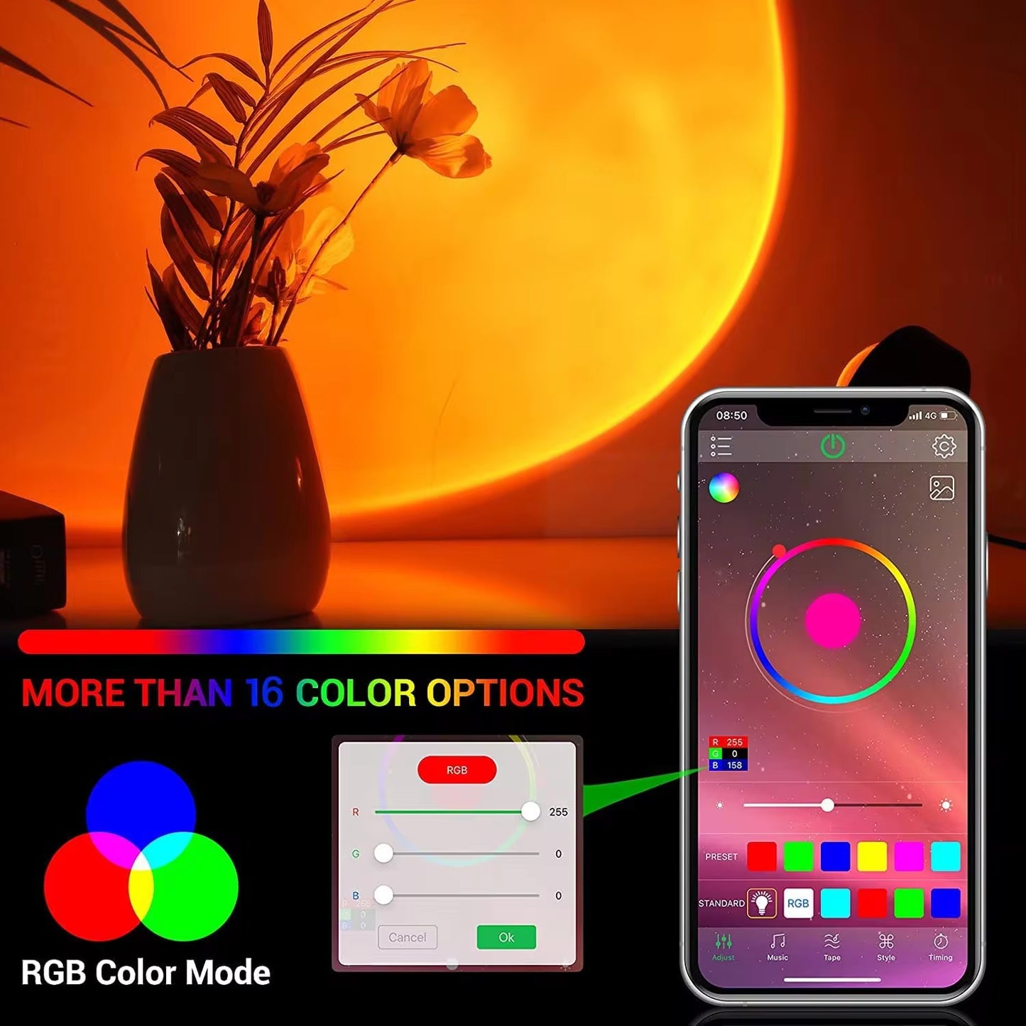 Smart Bluetooth Night Light Rainbow Sunset Projector Lamp for Home Coffe Shop Background Wall Decoration Atmosphere Table Lamp